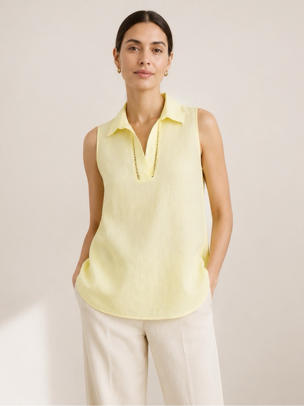 Chico's Women Yellow Linen None-Iron Sleeveless Blouse SIZE3 Classic Casual